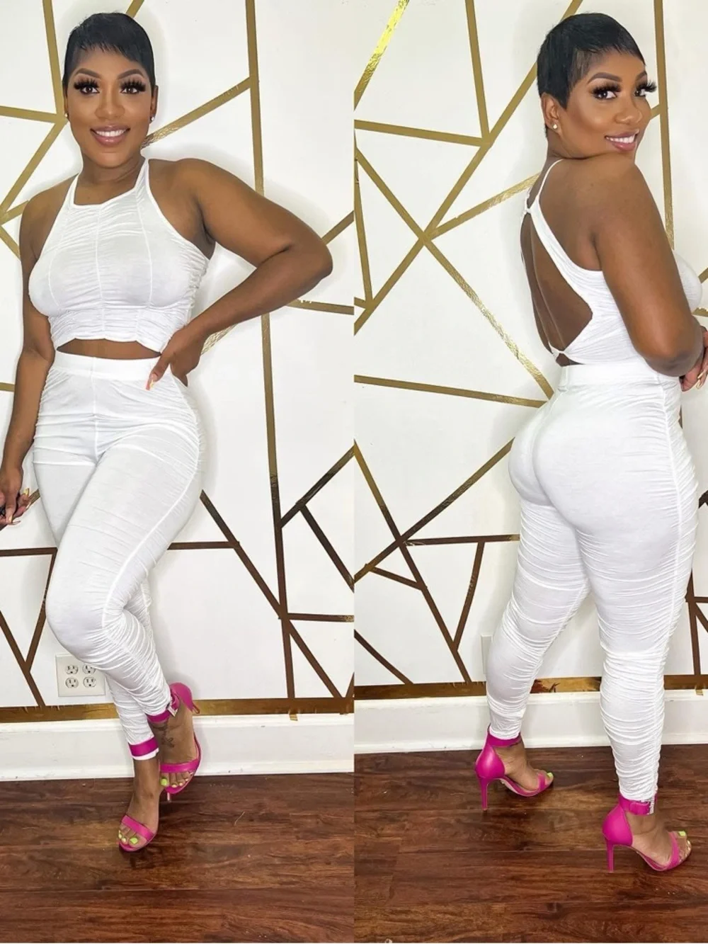 Women’s White Ruched Halter leggings set - Picture 1 of 1